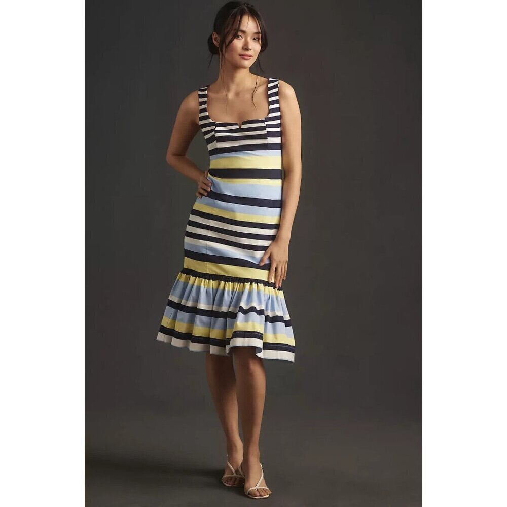 NWT Anthropologie Sleeveless Square-Neck Flutter-Hem Midi Dress S Striped Blue